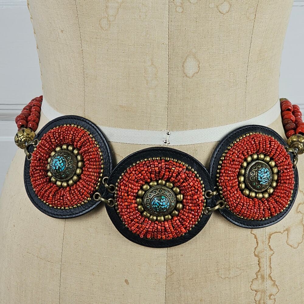 Belt glass beaded concho style link belt Chicos boho hippie festival M/L
